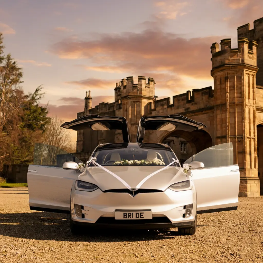 Silver Tesla Model X Wedding Car with Falcon Wing doors