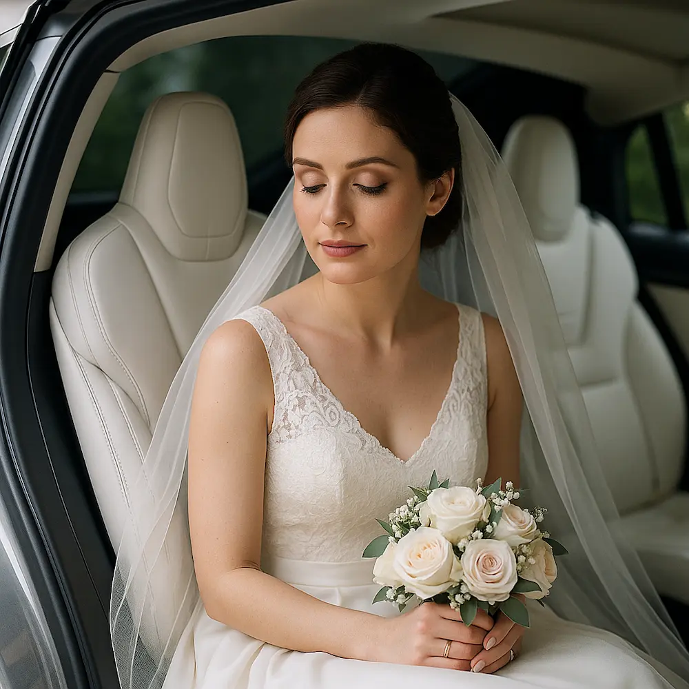 Tesla Model X with Falcon Wing doors open at a wedding venue